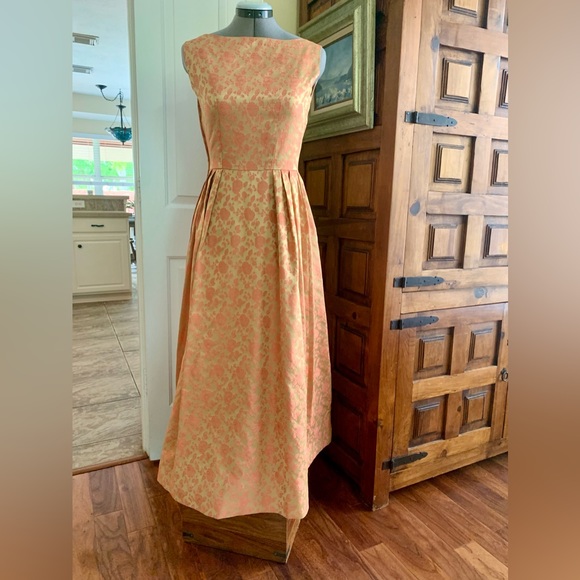 Hand Crafted Dresses & Skirts - Hand Crafted Vintage 1960’s-1970’s Gold & Coral Brocade Dress